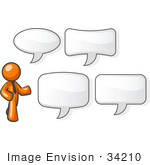 #34210 Clip Art Graphic Of An Orange Man Character In A Business Tie Standing By Different Shaped Word Balloons