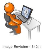 #34211 Clip Art Graphic of an Orange Man Character Watching A Video On Anatomy, Showing A Skull, At A Computer Desk by Jester Arts