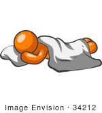 #34212 Clip Art Graphic Of An Orange Man Character Sound Asleep Under A Blanket Resting His Head On A Pillow