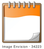 #34223 Clip Art Graphic Of An Orange And White Spiral Notepad With The Corner Of A Page Curling