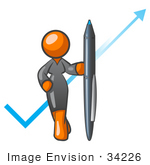 #34226 Clip Art Graphic Of An Orange Corporate Woman Character Standing In Front Of An Arrow And Check Mark With A Pen