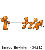 #34232 Clip Art Graphic Of An Orange Guy Character Wearing A Business Tie And Waving While Holding One End Of A Rope And Competing In A Tug Of War Contest With Three Other People