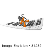 #34235 Clip Art Graphic Of An Orange Guy Character Wearing A Tie And Top Hat And Dancing Across A Keyboard With A Cane