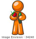 #34240 Clip Art Graphic of an Orange Guy Character Inspired To Eat Healthy Foods, Holding An Apple And Cucumber by Jester Arts