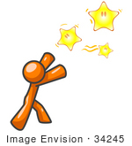 #34245 Clip Art Graphic of an Orange Guy Character Reaching For Shining Stars In The Sky, Symbolizing Dreams And Hope by Jester Arts