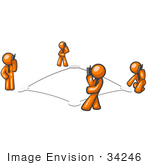 #34246 Clip Art Graphic Of Orange Guy Characters Standing On Bases In A Square And Chatting To Eachother On Mobile Cell Phones