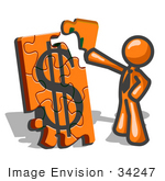 #34247 Clip Art Graphic Of An Orange Guy Character Fitting A Corner Piece To A Financial Dollar Sign Puzzle On Top