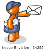 #34255 Clip Art Graphic of an Orange Guy Character Mailman In Blue, Holding Out A White Envelope And Carrying A Bag by Jester Arts