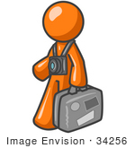 #34256 Clip Art Graphic Of An Orange Guy Character Touring A Destination Wearing A Camera On A Strap And Carrying Luggage