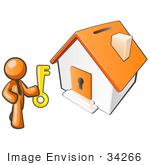 #34266 Clip Art Graphic Of An Orange Guy Character Holding A Golden Key And Standing By A Home