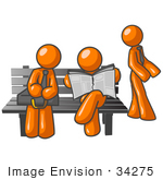 #34275 Clip Art Graphic of Orange Guy Characters Waiting At A Bus Stop Bench, Standing, Reading A Newspaper And Sitting by Jester Arts