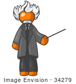 #34279 Clip Art Graphic Of An Orange Guy Albert Einstein Character With White Hair Holding A Pointer