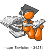 #34281 Clip Art Graphic Of An Orange Guy Character In A Graduation Cap Reading Books