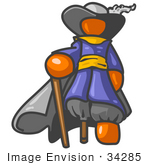 #34285 Clip Art Graphic Of An Orange Guy Pirate Character With A Peg Leg Leaning Against A Cane