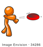 #34286 Clip Art Graphic Of An Orange Guy Character Throwing A Red Frisbee With Strength