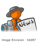 #34287 Clip Art Graphic Of An Orange Guy Character News Reporter With A Camera And Newspaper