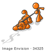 #34325 Clip Art Graphic Of An Orange Guy Character Trying To Pull Back A Bloodhound Dog Sniffing After Money