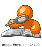 #34329 Clip Art Graphic Of An Orange Guy Character Reading Through A Book With A Magnifying Glass