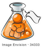 #34333 Clip Art Graphic Of An Orange Guy Character Sitting In Bubbly Liquid Trapped Inside A Beaker In A Science Lab
