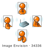 #34336 Clip Art Graphic Of Orange Guy Characters Holding A Wireless Meeting And Wearing Headsets
