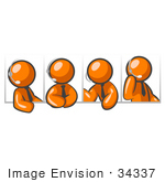 #34337 Clip Art Graphic Of An Orange Guy Character In Four Different Poses Wearing A Business Tie And Talking On A Headset