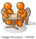 #34339 Clip Art Graphic of an Orange Guy Character And Friend Sitting At A Table And Looking At Papers by Jester Arts