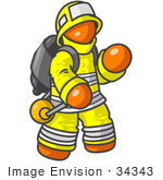 #34343 Clip Art Graphic Of An Orange Guy Character Fireman In A Yellow Safety Suit Waving
