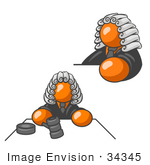 #34345 Clip Art Graphic Of An Orange Guy Character Judge Wearing Wig And Shown In Two Poses One Scene Where He Is Whacking The Gavel On The Desk