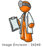 #34349 Clip Art Graphic of an Orange Guy Character Doctor In A Lab Coat, Holding A Clipboard With A Patient’s Charts by Jester Arts