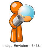 #34361 Clip Art Graphic Of An Orange Guy Character Holding A Shiny Blue Lightbulb