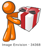 #34368 Clip Art Graphic Of An Orange Guy Character Holding A Gift Wrapped In White Paper With A Red Bow And Ribbon