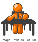 #34369 Clip Art Graphic Of An Orange Guy Character Bossing People Around While Sitting At His Desk