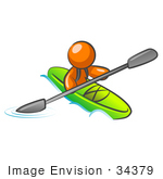 #34379 Clip Art Graphic Of An Orange Guy Character Kayaking Down A River In A Green Boat