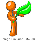 #34386 Clip Art Graphic Of An Orange Guy Character In A Business Tie Holding A Large Green Leaf