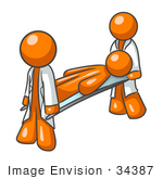#34387 Clip Art Graphic Of An Orange Guy Character Being Carried By Paramedics On A Stretcher
