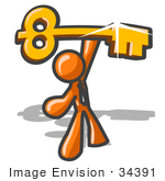 #34391 Clip Art Graphic Of An Orange Guy Character Proudly Holding Up A Golden Skeleton Key