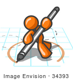 #34393 Clip Art Graphic Of An Orange Guy Character Drawing A Circle On Graph Paper