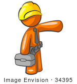 #34395 Clip Art Graphic Of An Orange Guy Character Construction Worker Carrying A Box And Pointing