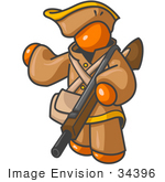 #34396 Clip Art Graphic Of An Orange Guy Character In Historical Clothing Holding A Rifle And Pointing