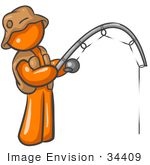 #34409 Clip Art Graphic Of An Orange Guy Character Wearing Brown Fishing Gear And Holding His Fishing Pole