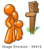 #34412 Clip Art Graphic Of An Orange Guy Character And Child Standing At A Crossroads Sign