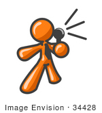 #34428 Clip Art Graphic of an Orange Guy Character Speaking Into A Microphone by Jester Arts