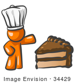 #34429 Clip Art Graphic Of An Orange Guy Character In A Chef Hat Presenting A Slice Of Chocolate Cake