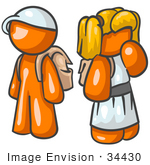 #34430 Clip Art Graphic Of An Orange Character School Children Waiting At The Bus Stop