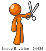 #34436 Clip Art Graphic Of An Orange Woman Character Holding A Pair Of Scissors