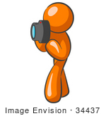 #34437 Clip Art Graphic Of An Orange Guy Character Taking Photos With A Camera