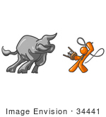 #34441 Clip Art Graphic Of An Orange Guy Character Fighting Off A Bull With A Whip And Stool