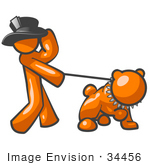 #34456 Clip Art Graphic Of An Orange Guy Character Holding Onto His Hat And Walking His Strong Bulldog