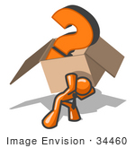 #34460 Clip Art Graphic Of An Orange Guy Character Carrying A Heavy Box With A Question Mark