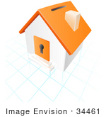 #34461 Clip Art Graphic Of An Orange And White Home With A Coin Slot Roof And Keyhole Dor On Top Of A Grid